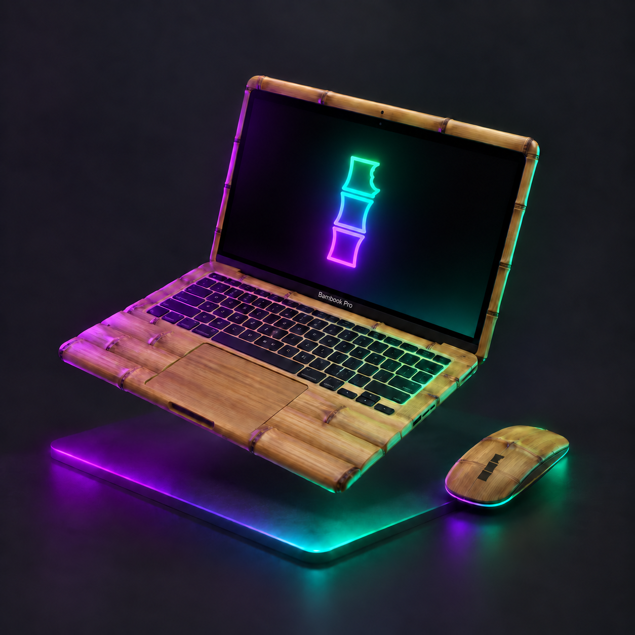 Neon Laptop Bambook with the bitten bamboo mark on the display and mouse