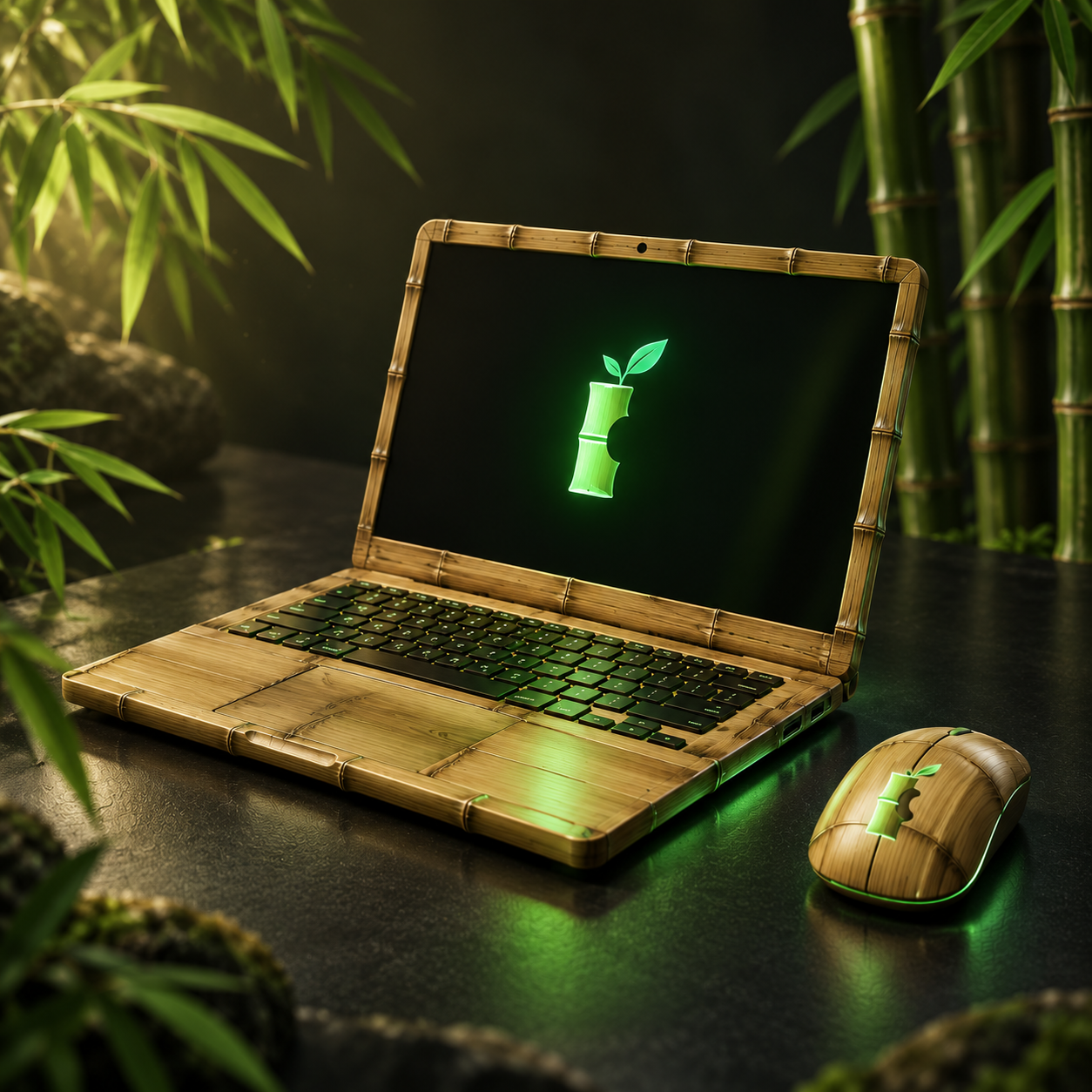Laptop Bambook bamboo laptop in a dark bamboo grove with a glowing bitten bamboo logo on screen and matching mouse